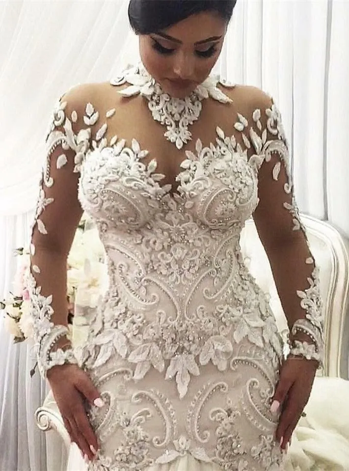Sexy Long Sleeve High Neck Lace Wedding Dress Bridal Gown BA7687