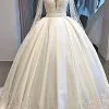 Long Sleeve Plunging V-neck Ball Gown Satin Wedding Dress With Pearl | Luxury Bridal Gowns For Sale