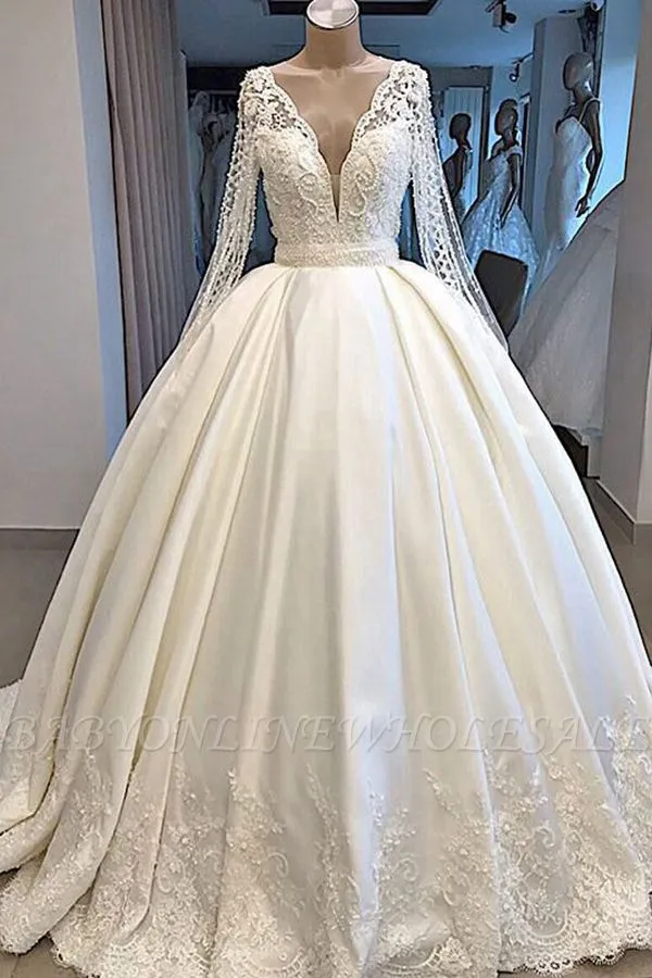 Long Sleeve Plunging V-neck Ball Gown Satin Wedding Dress With Pearl | Luxury Bridal Gowns For Sale