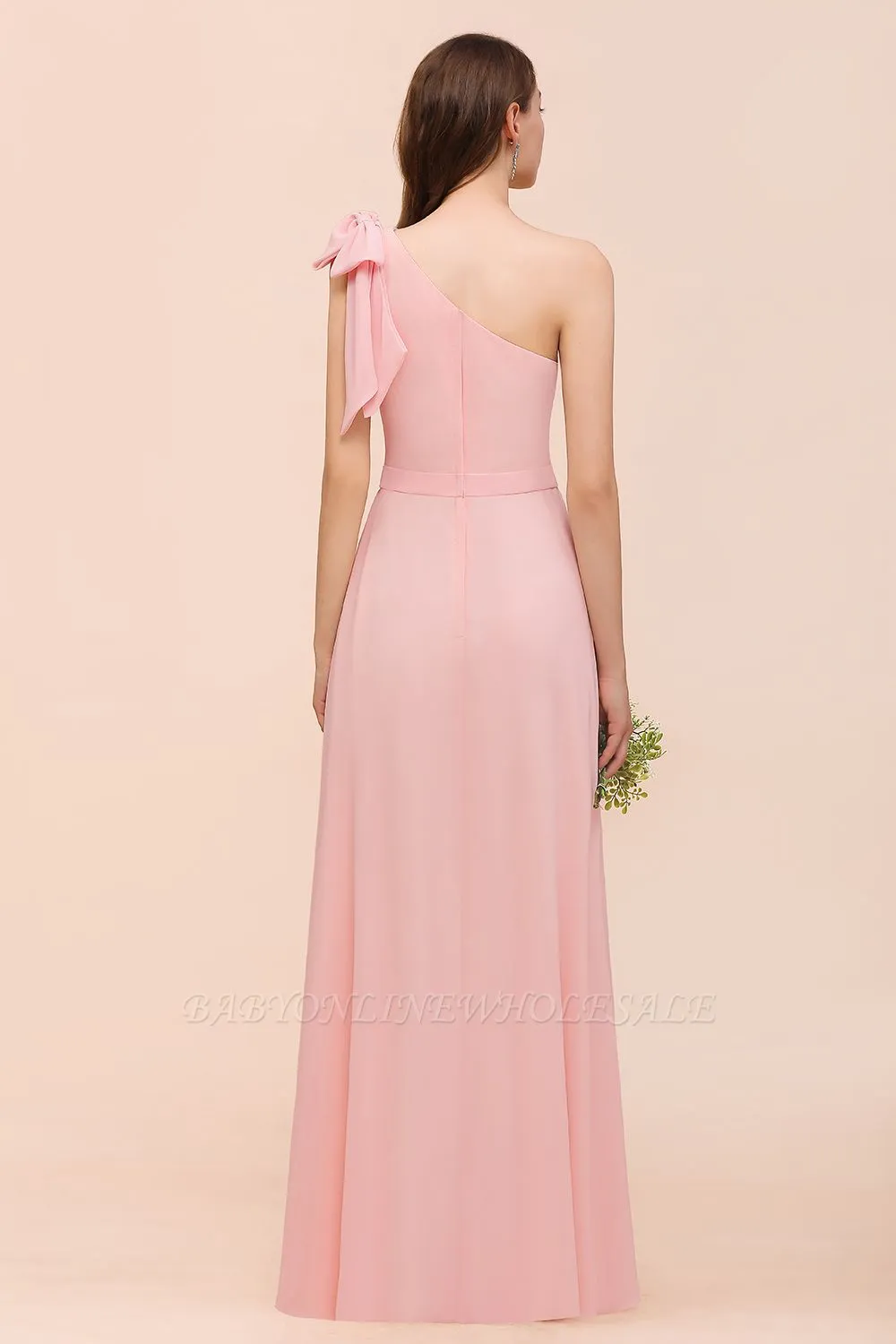 One Shoulder Soft Chiffon Bridesmaid Dress Pink Maid Of Honor Dress - Image 2