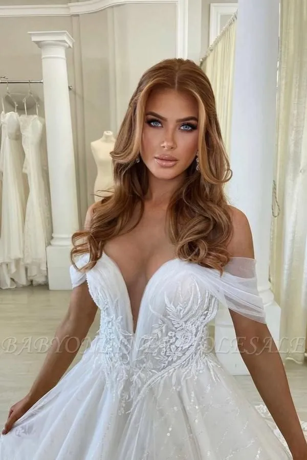 Off-the-Shoulder White Wedding Dress Deep V-neck Tulle Lace Bridal Gown - Image 2