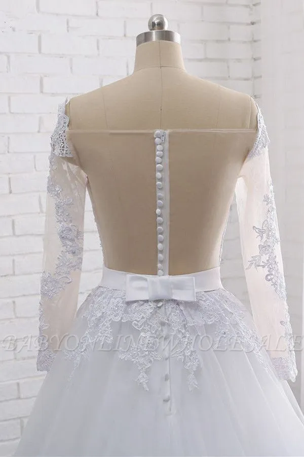 Beautiful Bateau Beading Floor Length Long Sleeves A-Line Tulle Lace Wedding Dress With Appliques - Image 6