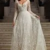 Chic Long Sleeves White Floral Lace Wedding Dress Aline Garden Bridal Dress