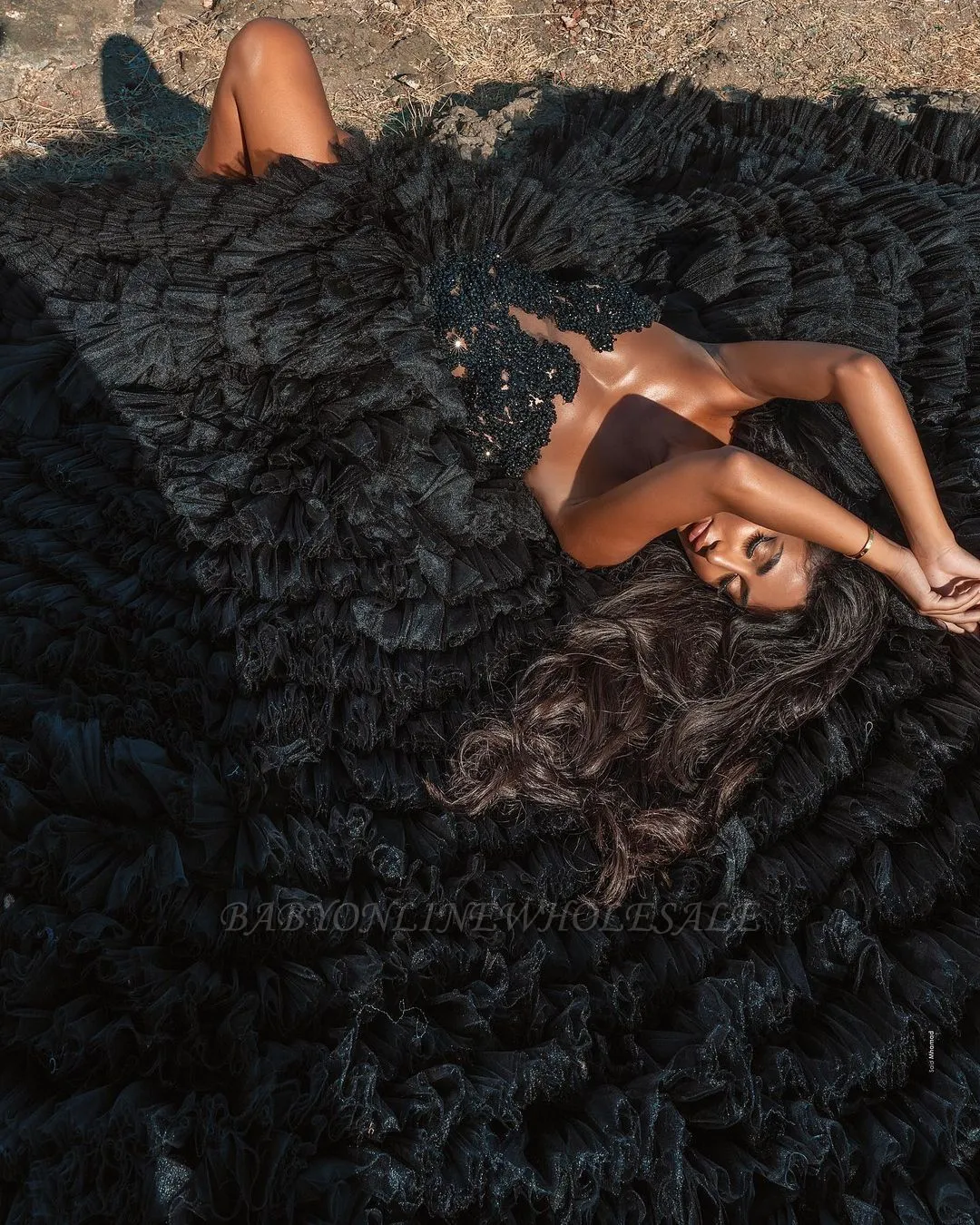 Black Beach Hi-Lo Tulle Wedding Evening Gown Sleeveless Lace - Image 6