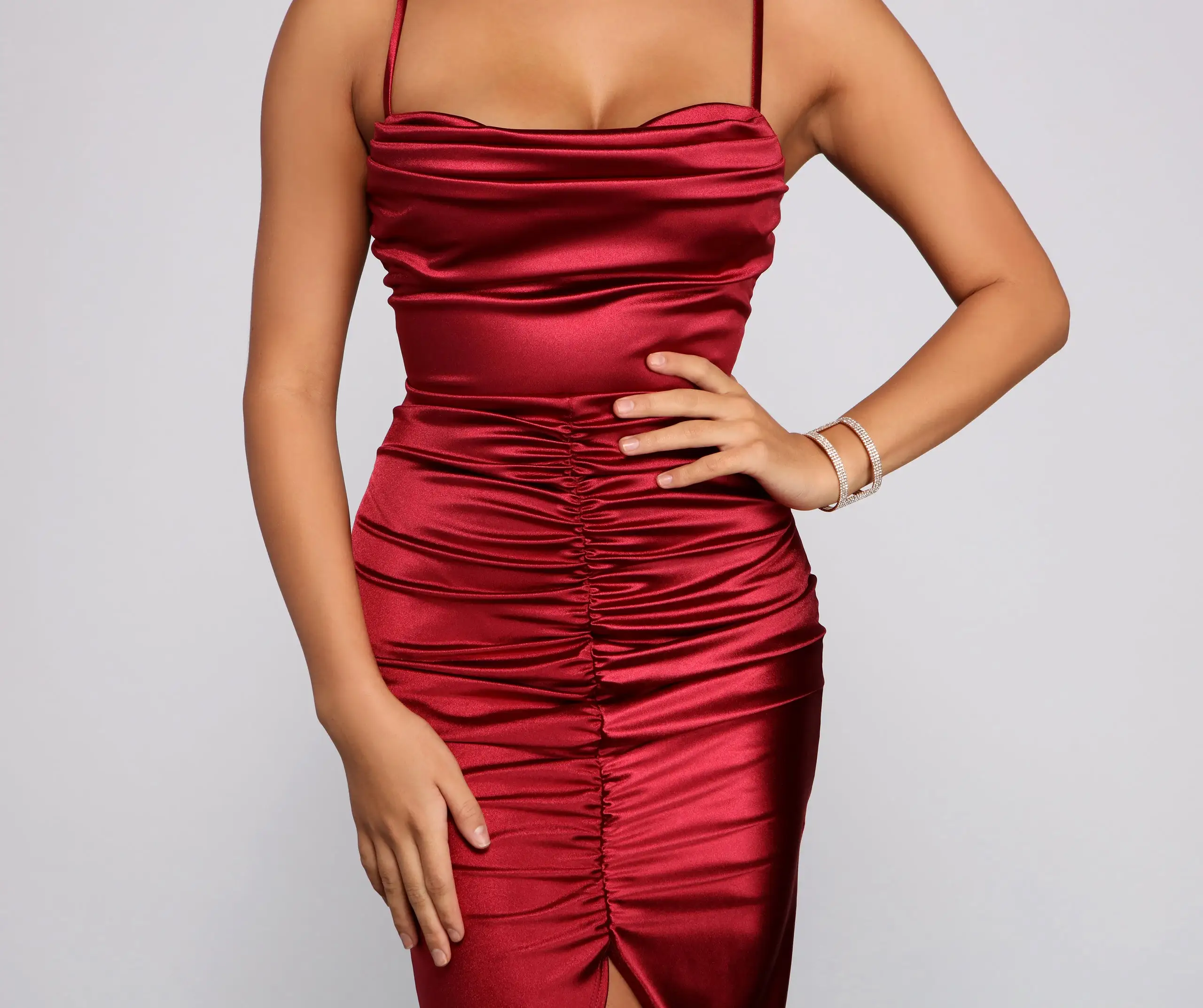 Windsor. Bre Formal Satin Ruched Midi Dress - Image 7