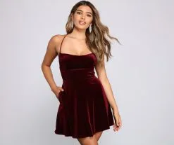 Windsor. Amelia Lace-Up Back Velvet Skater Dress