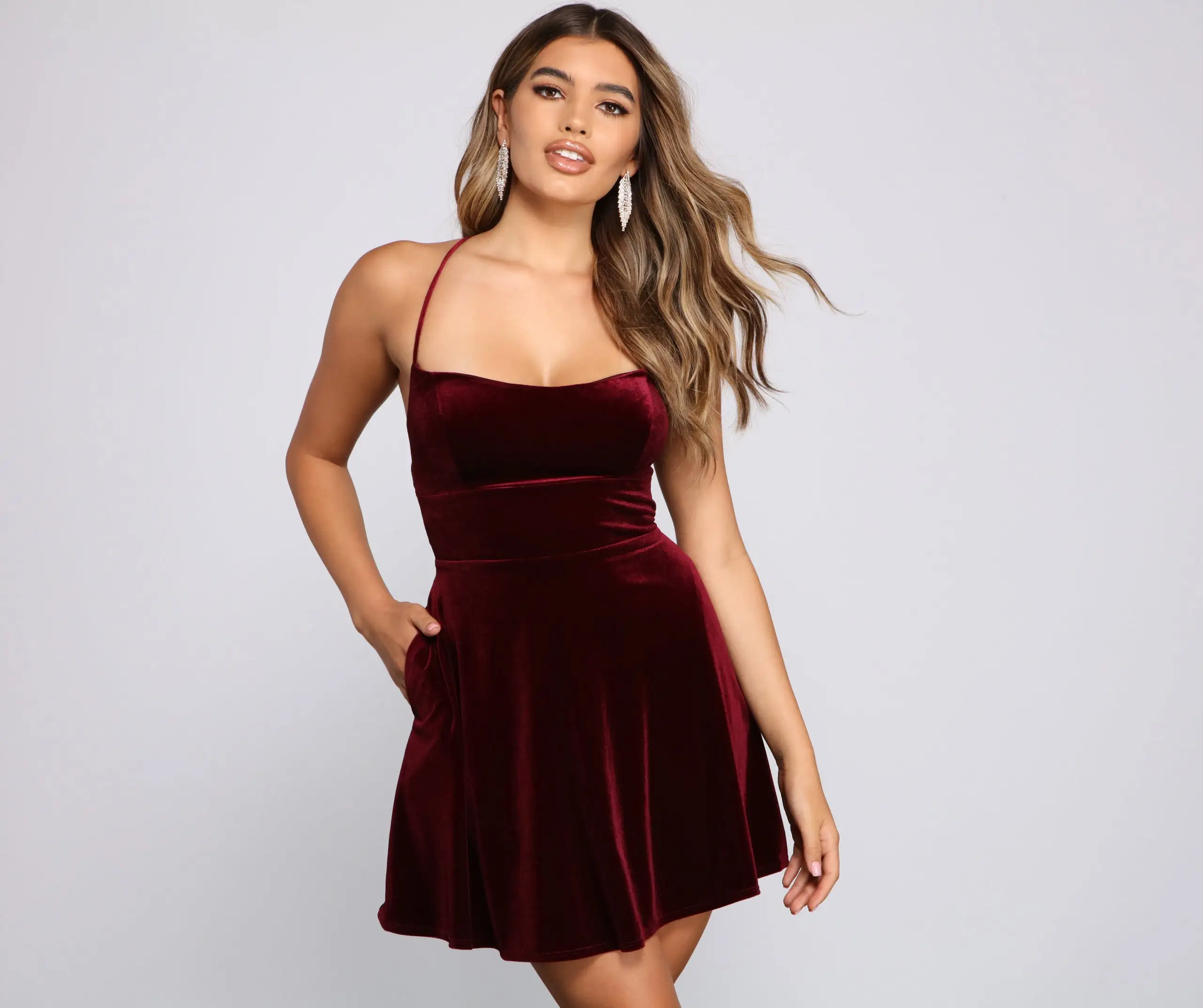 Windsor. Amelia Lace-Up Back Velvet Skater Dress