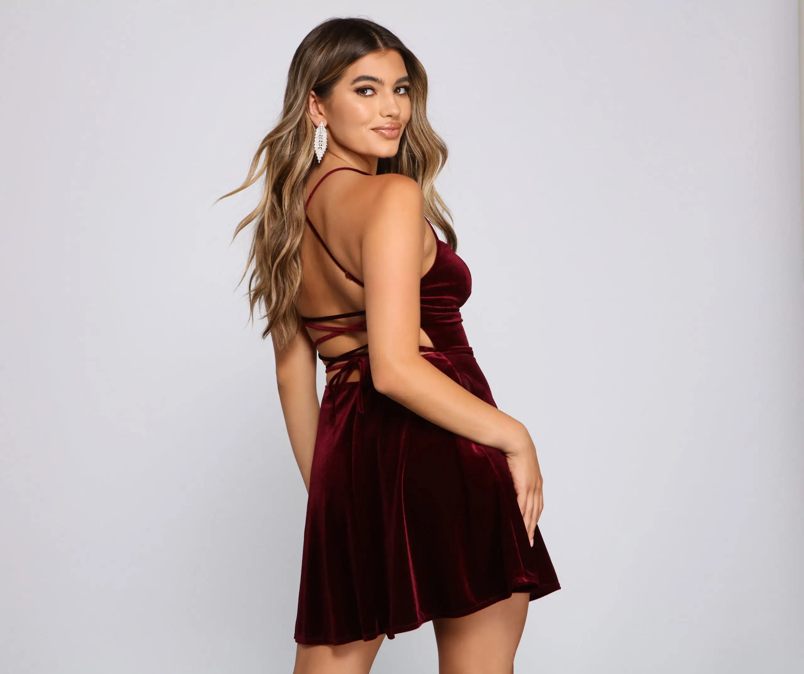Windsor. Amelia Lace-Up Back Velvet Skater Dress - Image 2
