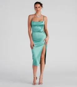 Windsor. Nikki Formal Satin Slit Midi Dress