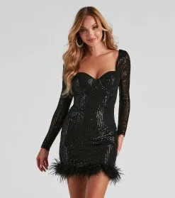 Windsor. Jayla Long Sleeve Sequin Feather Mini Dress