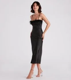 Windsor. Lizzy Feather Trim Satin Slip Dress