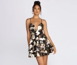 Windsor. Mesmerizing Metallic Floral Skater Dress