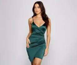 Windsor. Sleek Satin Asymmetrical Wrap Front Mini Dress