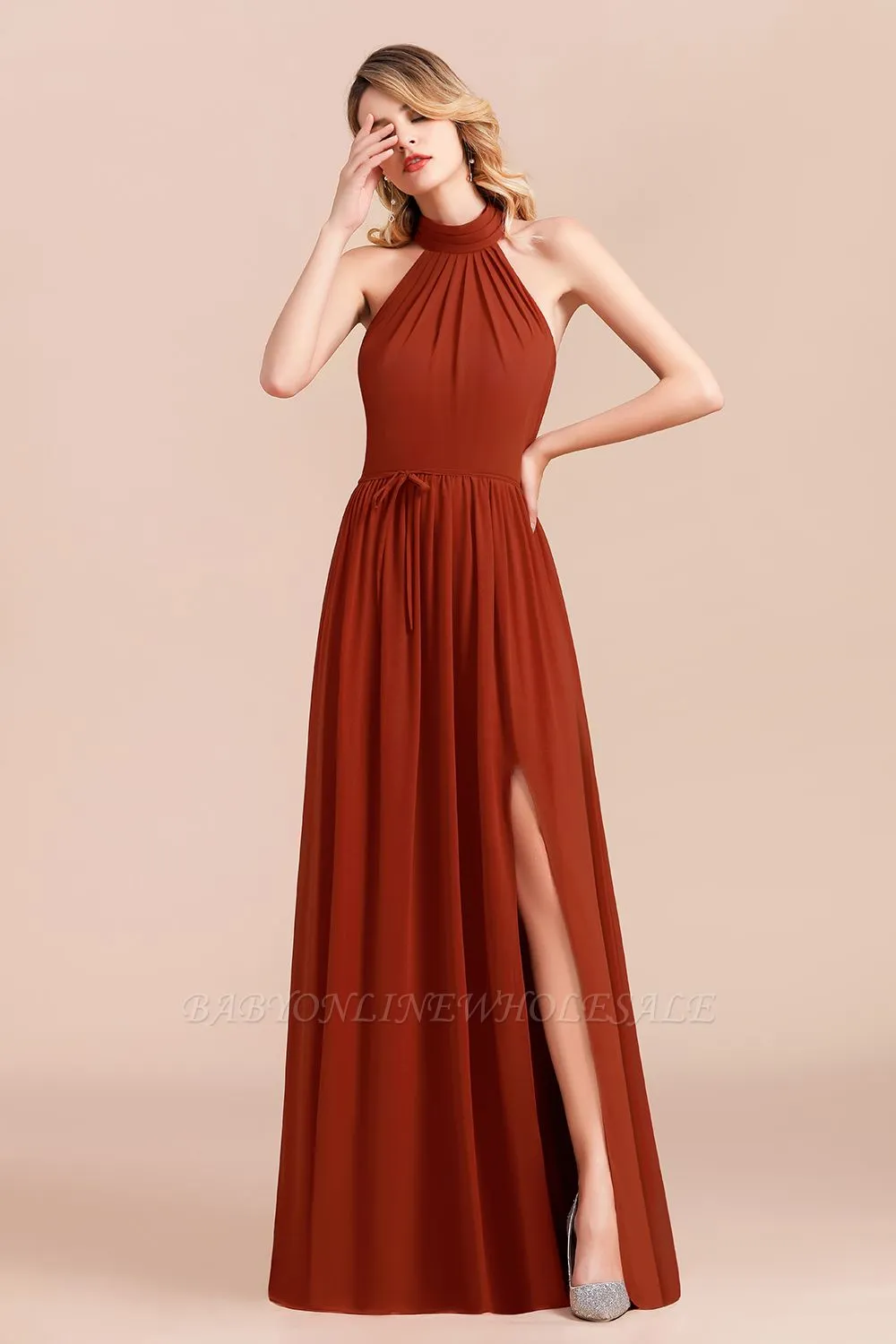 Halter Chiffon Bridesmaid Dress Sleeveless Formal Dress With Side Slit - Image 4