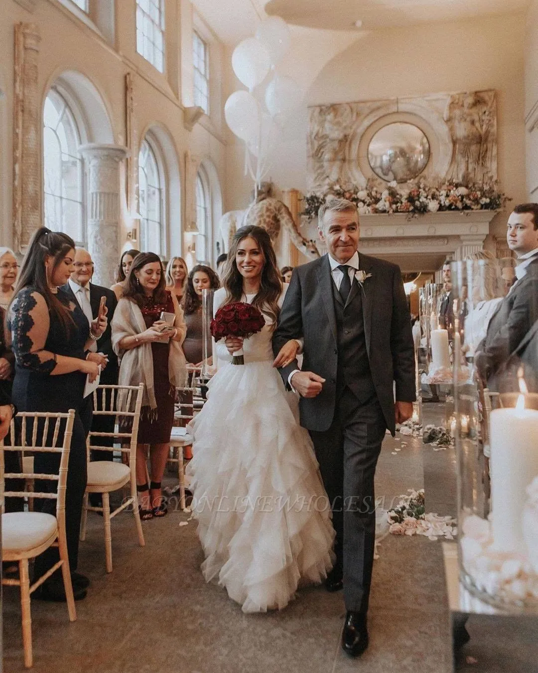 Long Sleeves Low Back White Ruffles Wedding Dress With Court Train - Image 5