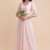 Romantic Half Sleeves Pink Chiffon Long Wedding Guest Dress