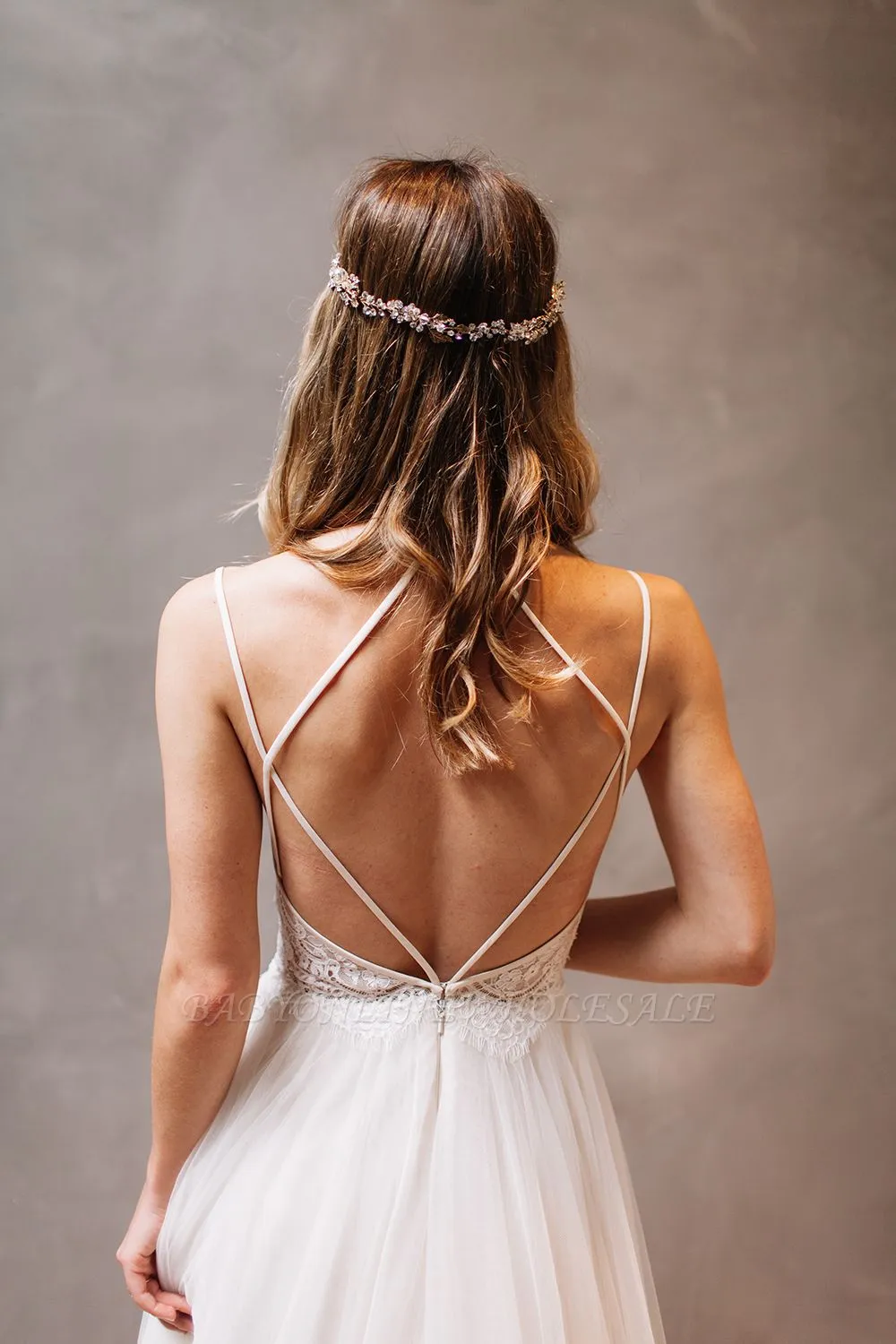 Elegant Lace Crystal Spaghetti-Strap Wedding Dresses | Sheer Lace Up Sleeveless Floral Bridal Gowns - Image 3