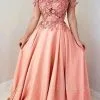 Nectarean Pink Flowers Sweetheart Off-the-shoulder Floor-length A-Line Prom Dresses