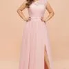 One Shoulder Lace Aline Evening Dress Pink Bridesmaid Dress With Side Slit