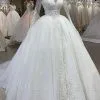 Long Sleeve Ball Gown Sparkle White Wedding Dress | Illusion Neck Lace Appliques Bridal Gowns With Cathedral Train