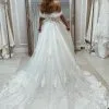 Off-the-Shoulder White Wedding Dress Deep V-neck Tulle Lace Bridal Gown