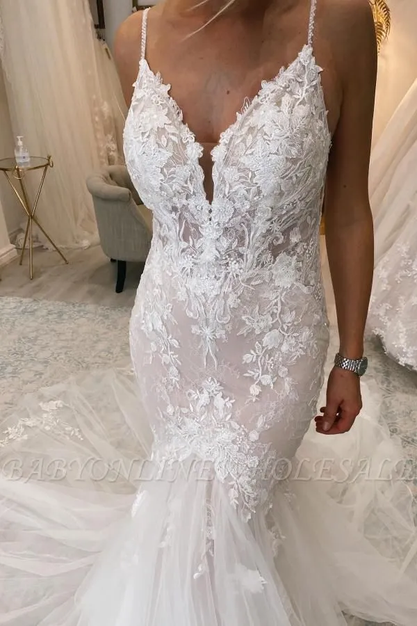 Gorgeous Floral Lace Mermaid Wedding Dress Spaghetti Straps V-Neck Bridal Gown - Image 5
