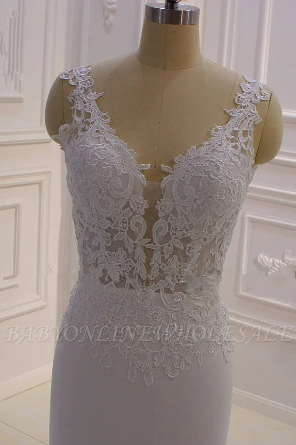 Elegant Sleeveless Lace V-neck Column White Court Train Wedding Dress - Image 5