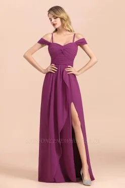Charming Off Shoulder Chiffon Aline Bridesmaid Dress Wedding Guest Dress With Side Slit