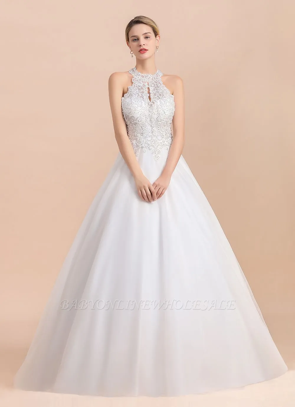 Elegant White Beaded Halter Ball Gown Lace Wedding Dress - Image 6