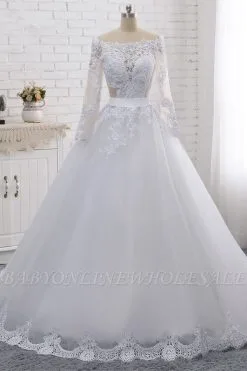 Beautiful Bateau Beading Floor Length Long Sleeves A-Line Tulle Lace Wedding Dress With Appliques