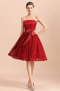 Strapless Red Evening Dress Satin Aline Wedding Guest Dress