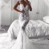 Sexy Mermaid Straps Wedding Dresses | Sheer Tulle Sleeveless Appliques Bridal Gowns