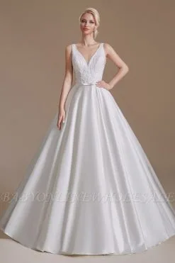Aline Wedding Dress Sleeveless V-Neck Satin Bridal Dress With Floral Lace Pattern