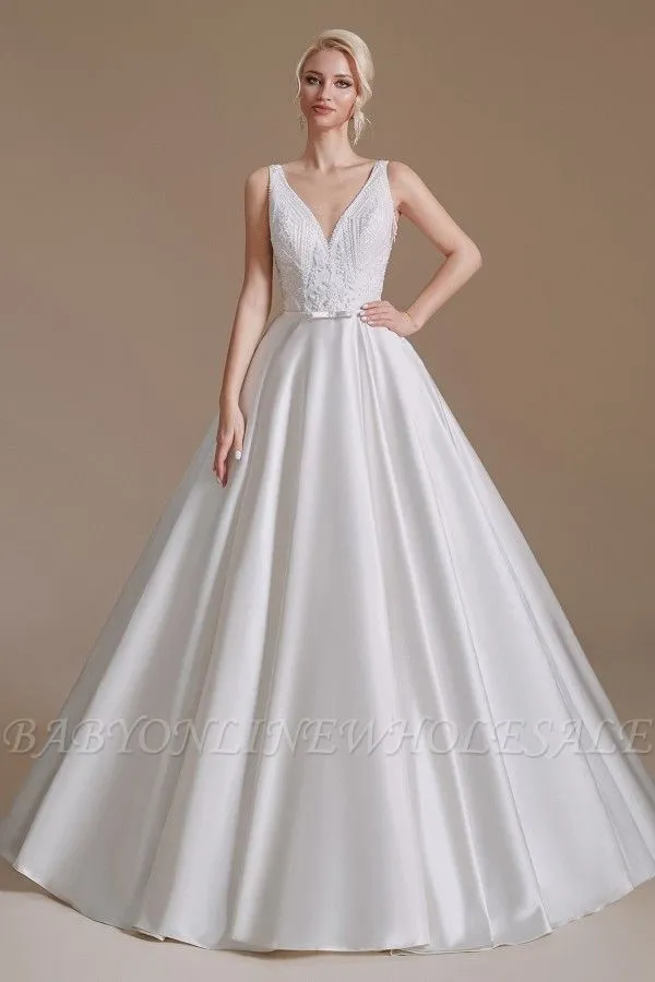 Aline Wedding Dress Sleeveless V-Neck Satin Bridal Dress With Floral Lace Pattern