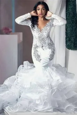 Sexy Beading Appliques Wedding Dresses | Long Sleeve Mermaid Tulle Bridal Gowns