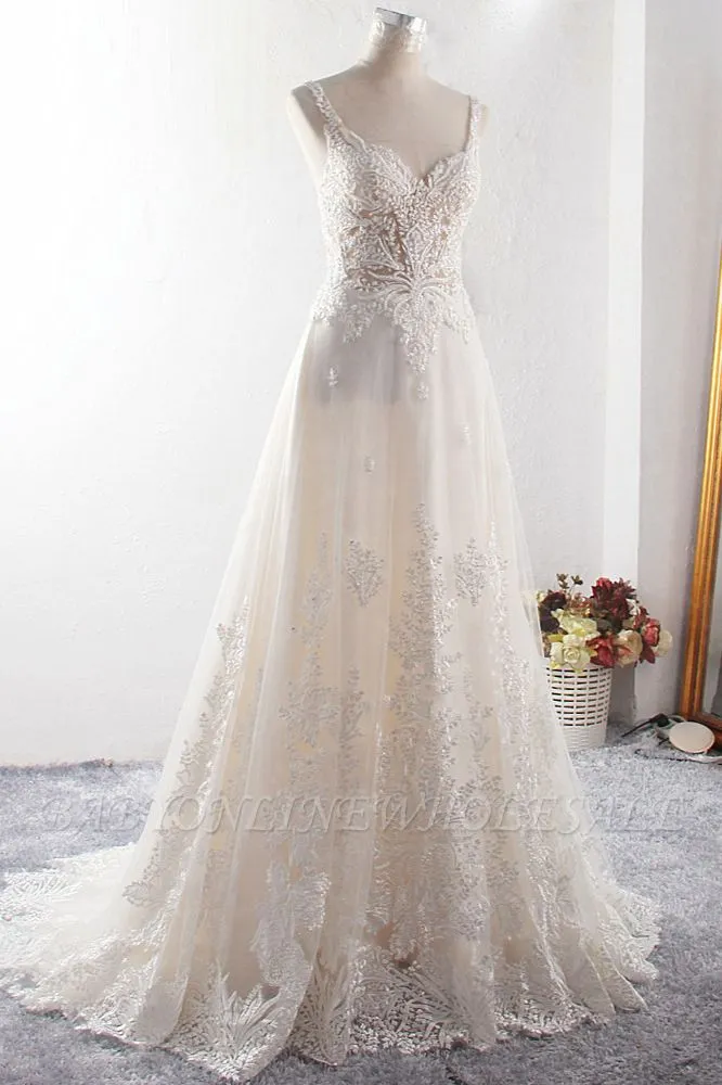 Charming Ivory Floor Length A-Line Straps Tulle Wedding Dress With Appliques - Image 3