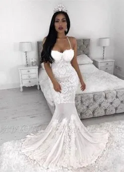 White Lace Appliques Spaghetti Strap Wedding Dress| 2021 Bridal Gown
