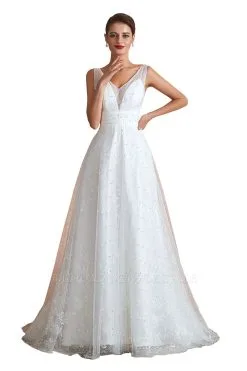 Carnelian | White V-neck Beach Wedding Dress With Pearls On Tulle, Elegant Sleeveless Long Length Summer Bridal Gowns