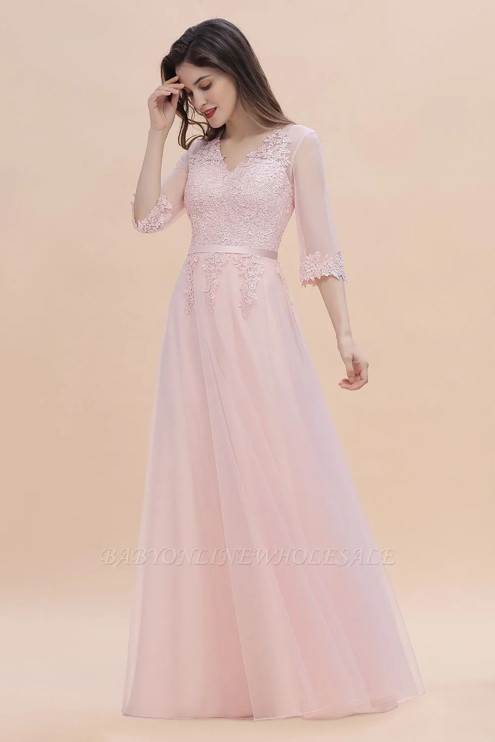 Romantic 3/4 Sleeves Pink Wedding Guest Dress Lace Appliques - Image 3