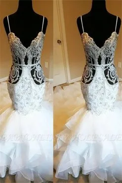 Spaghetti Strap See-through Mermaid Ruffles Wedding Dress