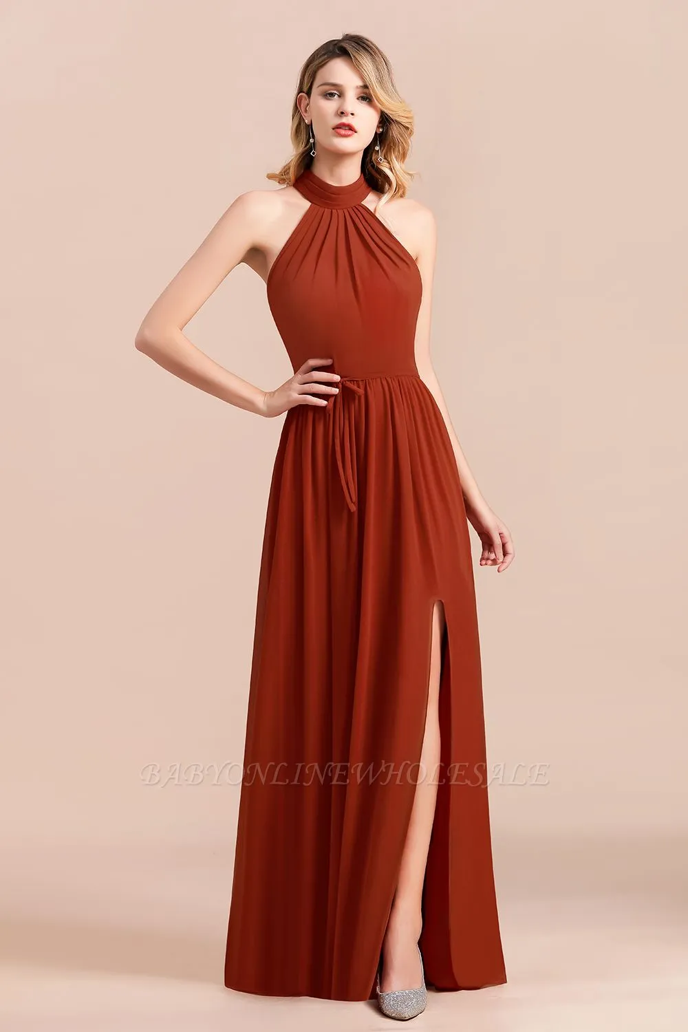 Halter Chiffon Bridesmaid Dress Sleeveless Formal Dress With Side Slit - Image 6