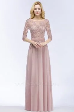 Lace Appliques Chiffon Long Bridesmaid Dresses With Sleeves
