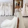 Chic Floor Length Sweetheart Long Sleeves A Line Split Front Tulle Wedding Dress With Chapel Train