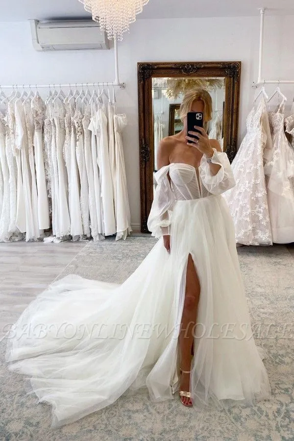 Chic Floor Length Sweetheart Long Sleeves A Line Split Front Tulle Wedding Dress With Chapel Train