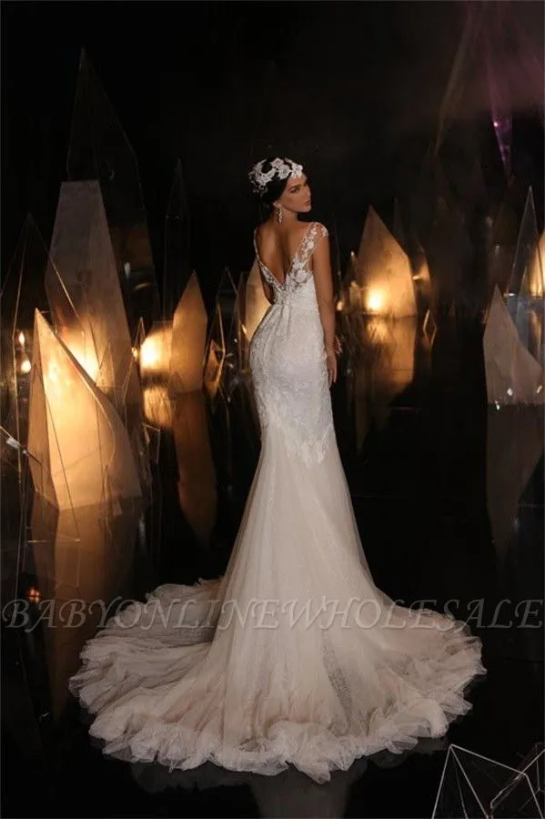 Charming V-Neck Mermaid Floor Length Sleeveless Tulle Wedding Dress - Image 3