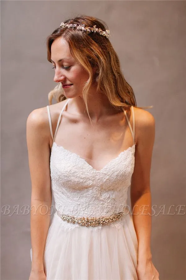Elegant Lace Crystal Spaghetti-Strap Wedding Dresses | Sheer Lace Up Sleeveless Floral Bridal Gowns