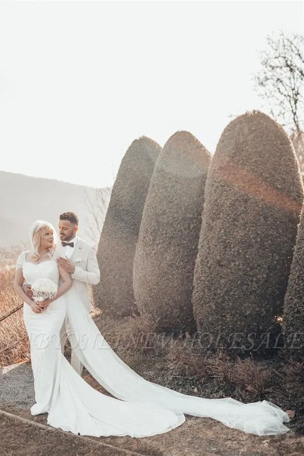 Exquisite Floor Length Sweetheart Portrait Mermaid Lace Satin Wedding Dress With Watteau Train - Image 5