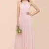 Dreamful Pink Halter Chiffon Evening MAxi Dress Sleeveless Bridesmaid Dress