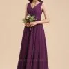 Elegant V-Neck Ruched Chiffon Bridesmaid Dress Sleeveless Long Evening Dress