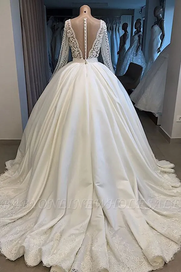 Long Sleeve Plunging V-neck Ball Gown Satin Wedding Dress With Pearl | Luxury Bridal Gowns For Sale - Image 2